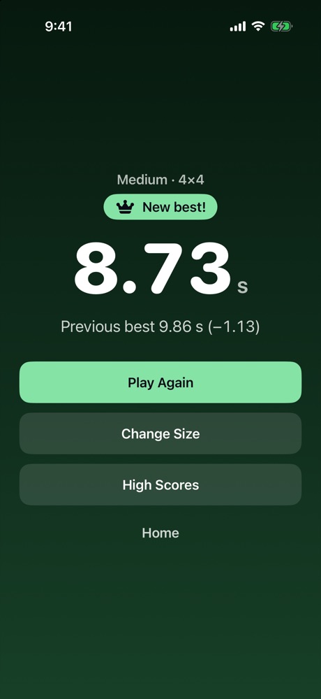 Results screen for a Medium 4×4 game: a new best time of 8.73 seconds, beating the previous best of 9.86.