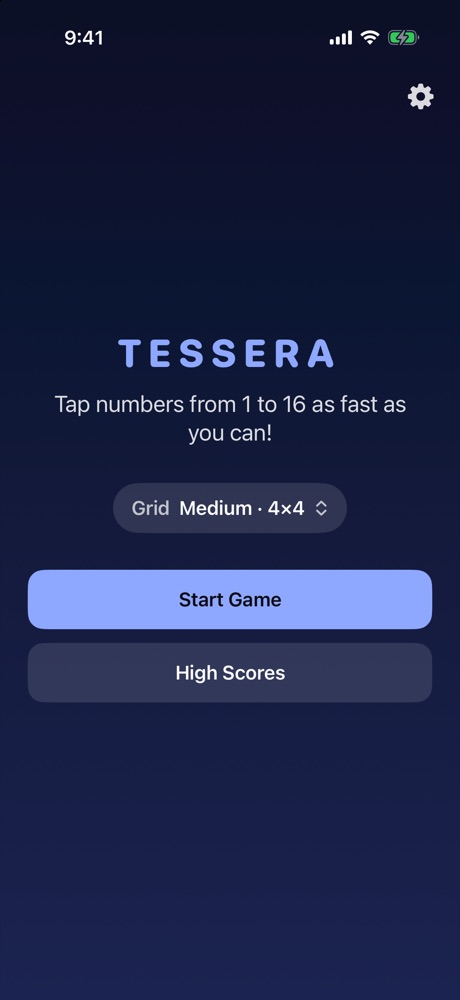 Start screen with the Tessera title, a grid size picker set to Medium 4×4, and Start Game and High Scores buttons.